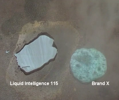 On the hotplate, 115 lies flat and calm on the left while brand X, a common motorcycle coolant, boils and froths on the right