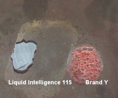 115 lies flat on the left while brand Y, a red motorcycle coolant, boils into bubbles on the right