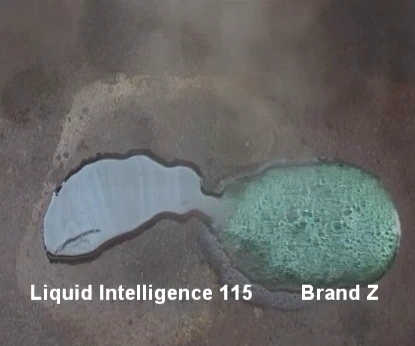 115 lies flat on the left while brand Z, a green motorcycle coolant, boils on the right