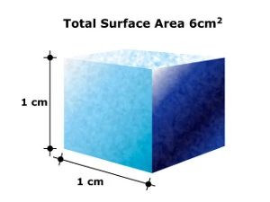 Diagram of a 1 cm cube of solid material, with a total surface area of 6 cm²