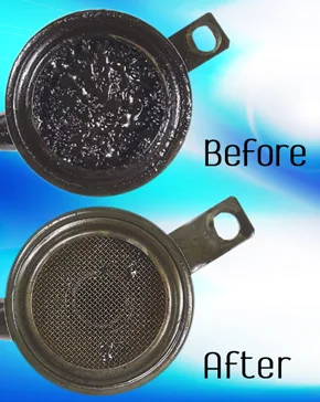 An engine oil strainer clogged with black sludge, and the same strainer clean after flushing with 219