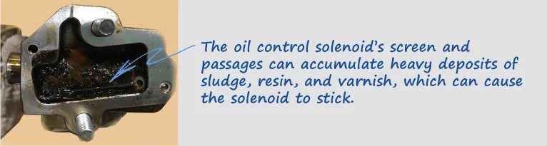 An oil control solenoid's screen and passages, which can collect heavy deposits of sludge, resin and varnish and make the solenoid stick