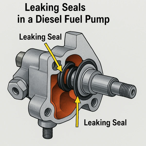 Cutaway diagram of a diesel fuel pump with arrows to the two seals that leak