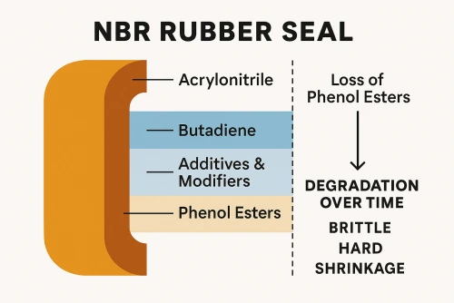 Diagram of an NBR rubber seal's make-up: acrylonitrile, butadiene, additives and modifiers, and phenol esters, whose loss over time leaves the seal brittle, hard and shrunken