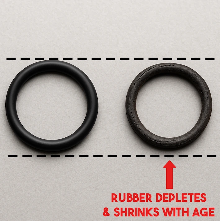 A new O-ring beside an old one that has shrunk with age