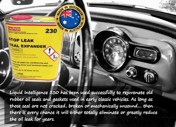 A can of 230 on the dashboard of a classic Holden. 230 has been used successfully to rejuvenate old rubber oil seals and gaskets in early classic vehicles. As long as the seals aren't cracked, broken or mechanically unsound, there is every chance it will eliminate or greatly reduce the leak for years.