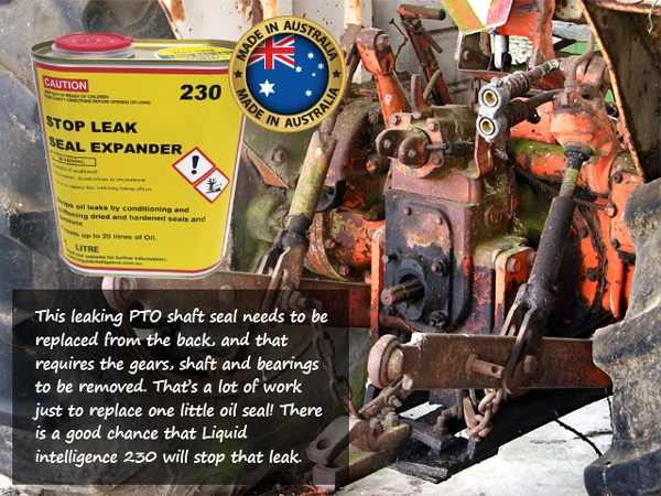 A can of 230 beside a tractor's leaking PTO shaft seal. Replacing it means removing the gears, shaft and bearings from the back; there is a good chance 230 will stop the leak.