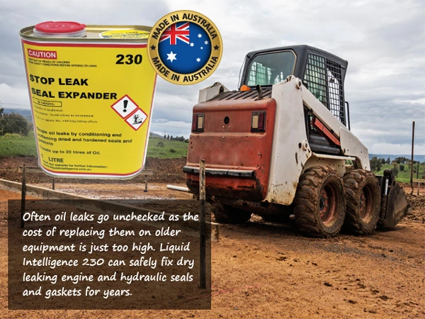 A can of 230 beside an old skid steer loader. Oil leaks on older equipment often go unchecked because replacing the seals costs too much; 230 can fix dry, leaking engine and hydraulic seals and gaskets for years.