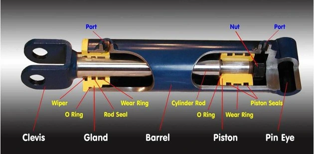 Cutaway diagram of a hydraulic cylinder. At the gland: the wiper, O-ring, rod seal and wear ring around the cylinder rod. At the piston: an O-ring, wear ring and piston seals. Also labelled: the clevis, ports, barrel, nut and pin eye.
