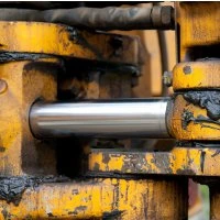 Close-up of a hydraulic ram on a yellow digger