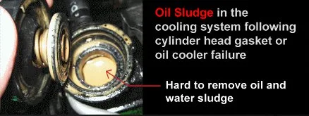 A radiator filler neck full of oil and water sludge after a head gasket or oil cooler failure