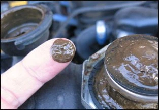 A finger coated in brown oil and water sludge wiped from a radiator neck