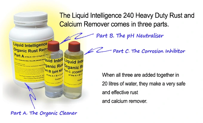 The 240 kit's three parts: Part A, the organic cleaner, in a large tub, and Parts B, the pH neutraliser, and C, the corrosion inhibitor, in two bottles