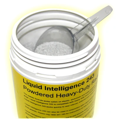 An open container of Liquid Intelligence 243 powder with its measuring scoop