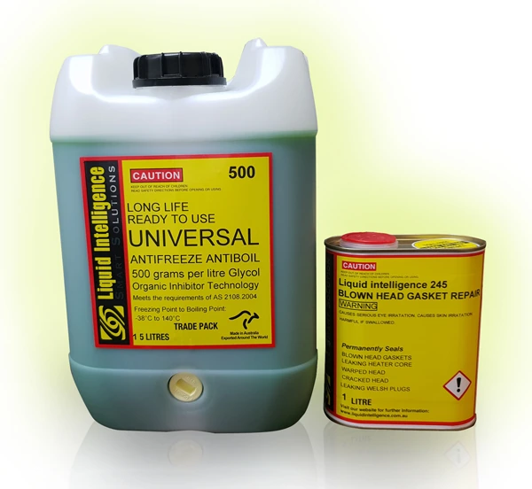 A 15 litre drum of Liquid Intelligence 500 coolant beside a 1 litre can of 245