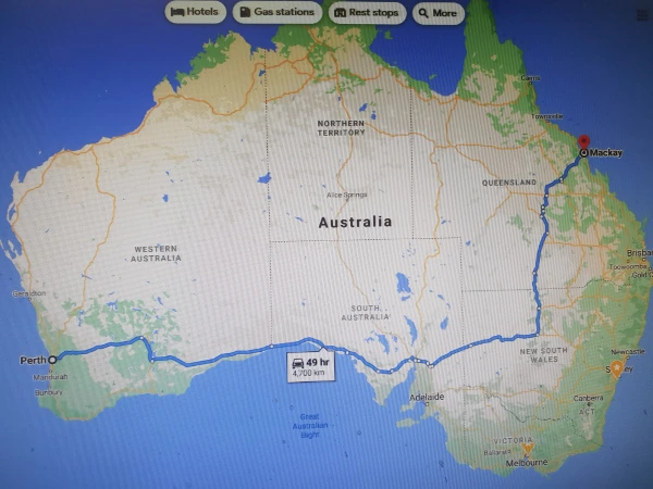 Map of John Pole's drive across Australia to Perth